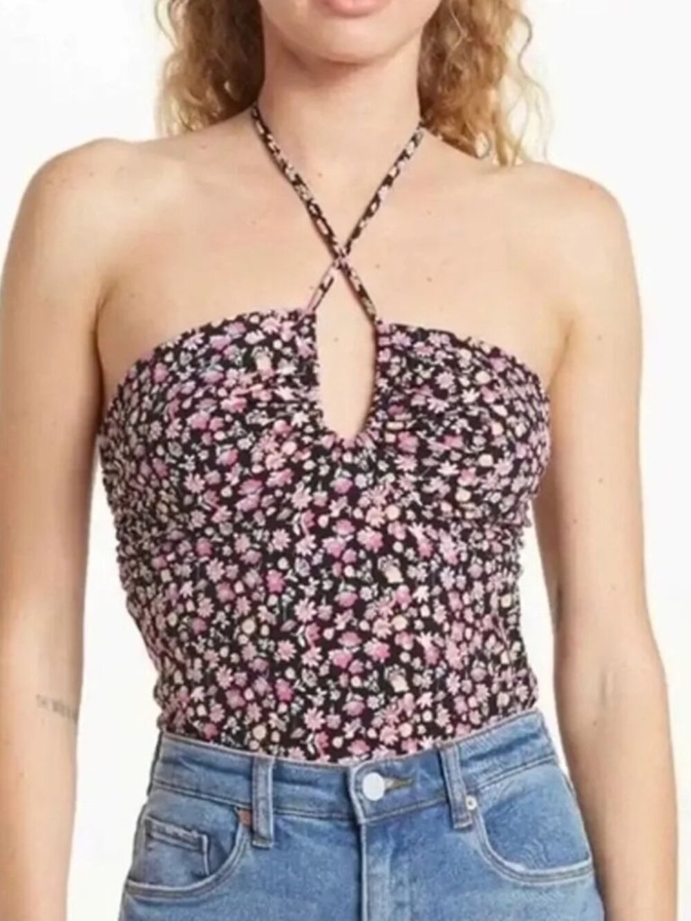 Wayf Halter Neck Floral Bodysuit Womens Size Large Black Ditsy Floral